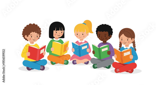 Children sitting in a circle reading colorful books together, surrounded by a minimalist background, viewed from directly above.
