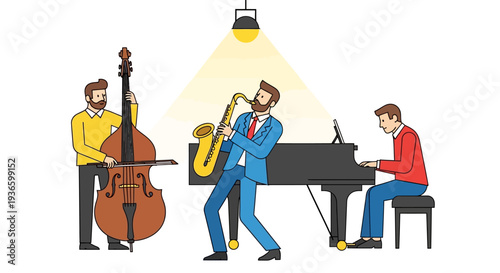 Jazz musicians performing together with double bass, saxophone, and piano under spotlight
