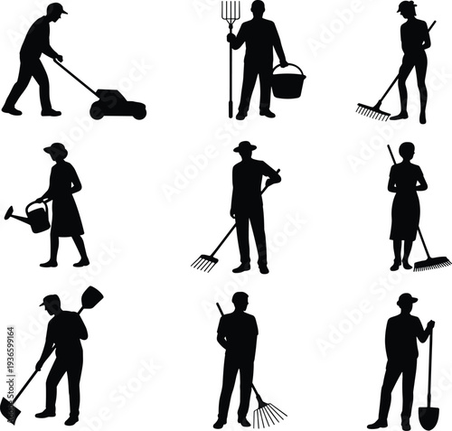 Gardener and farmer silhouettes set with lawn mowing, raking leaves, watering plants and agricultural work poses isolated vector