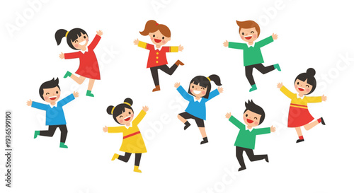 Children playing together in a lively scene, jumping and dancing with joy, viewed from above in a colorful illustration