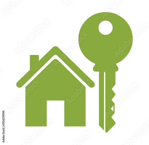 Green house icon with large key symbolizing home ownership and security