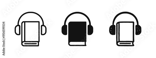 Audiobook icon set representing listening to books, audio learning, and digital media.