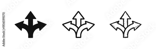 Three-way arrow icon set in solid, outline, and hand-drawn doodle style, representing choice and multiple directions.