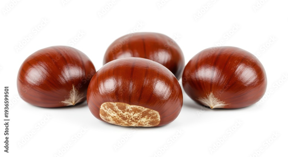 Fototapeta premium Several highly detailed, glossy brown chestnuts, recently harvested, are arranged and isolated on a pure white seamless studio background, fall, clean, white background