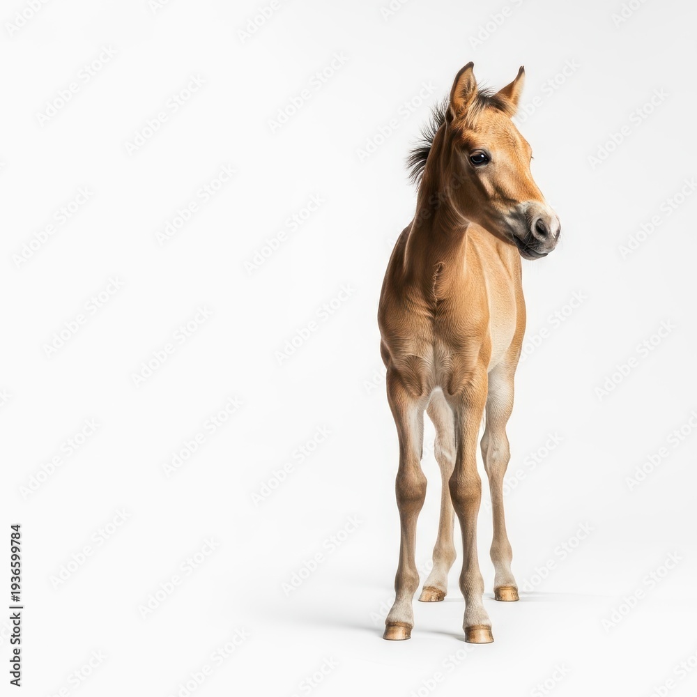 Obraz premium A charming young horse, a small foal standing gracefully in a pristine white studio environment. Emphasizes youth and blank space, white, elegant, youth