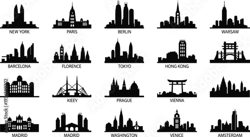 World City Skylines Silhouettes Collection with City Names New York