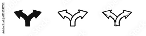 Two-way split arrow icon set in solid, outline, and hand-drawn doodle style, representing choice and divergence.