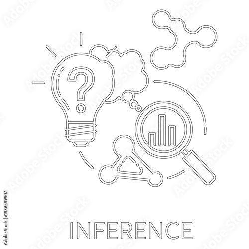 Black line of lightbulb with question mark magnifying glass and graph line black and white