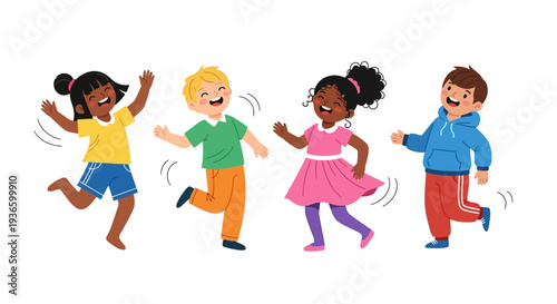 Four diverse children running together, holding hands, and smiling, illustrating joy and friendship in a vibrant outdoor setting viewed from the side