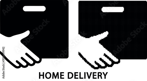 A black handshake icon with the word home delivery below on transparent background