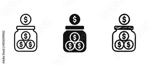 Money Saving Jar Icon Set with Dollar Coins, Financial Investment and Budgeting Symbols
