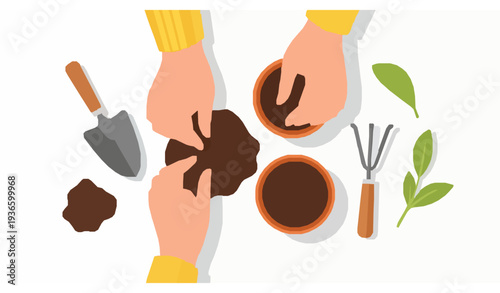 Overhead hands planting seeds vector illustration small brown pots gardening tools isolated on white background
