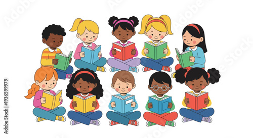 Diverse group of children sitting in a circle reading books together from different viewpoints.