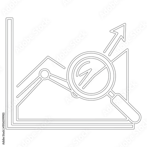 Black line of magnifying glass over upward trend graph line black and white arrow line graph