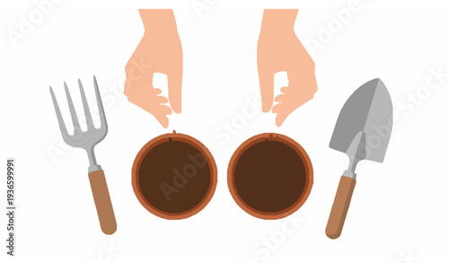 Hands planting seeds in small pots vector gardening illustration flat style isolated on white background