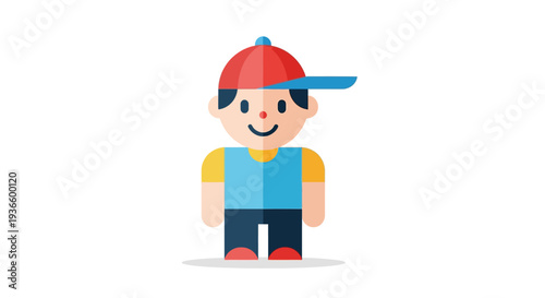 Illustration of a smiling cartoon boy wearing a red cap and blue vest standing alone