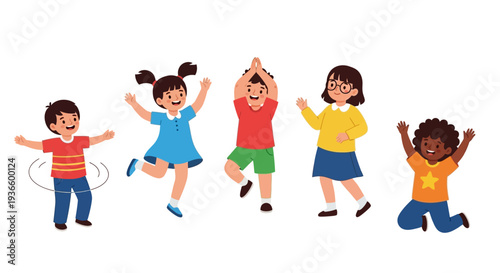 Group of diverse children playing together happily in the playground from a straightforward view