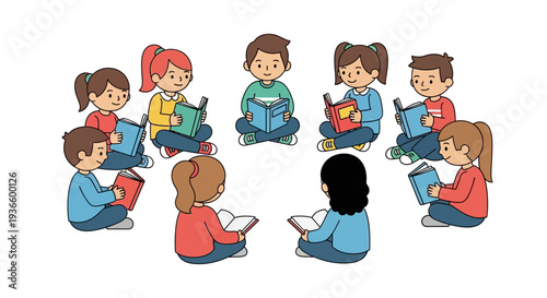 Group of children sitting in a circle reading books and papers together