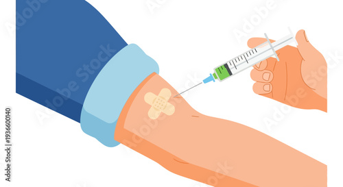 Medical professional administering vaccination to patient's arm with syringe and bandage