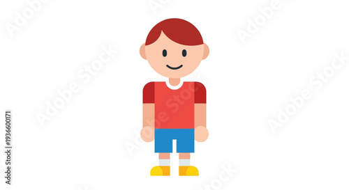 A young boy standing alone with a friendly smile, wearing red and blue clothing and yellow shoes, vector illustration