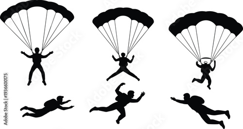 Parachute and skydiving silhouettes set with parachutists landing and freefall skydivers in air isolated on white background