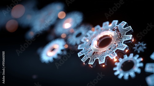 Glowing metallic gear on dark background representing digital transformation concept, technology integration, automation and interconnected system.