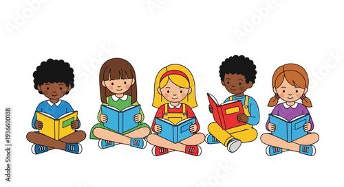 Diverse children reading books together in a colorful educational setting