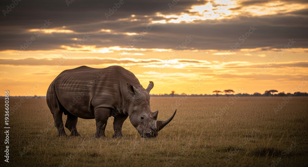Fototapeta premium Majestic rhinoceros standing peacefully in vast open grassland during sunset with dramatic sky and warm golden hues highlighting the animal's textured skin and iconic horn in a serene natural setting