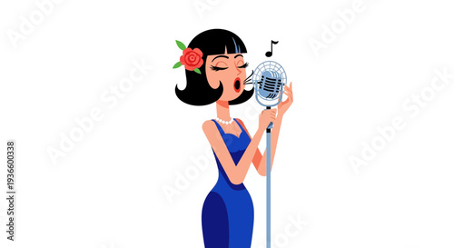 Woman singing into an old-fashioned microphone with a rose in her hair, captured from a side view
