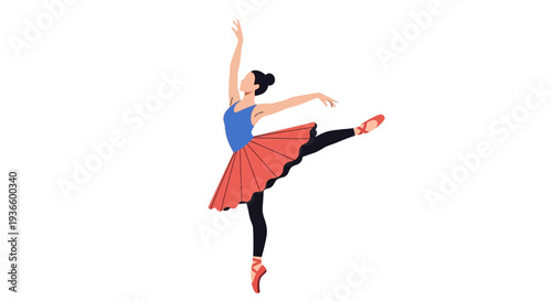 Dancer performing an elegant ballet pose with dynamic movement and flowing skirt, captured from a side viewpoint in a minimalist environment