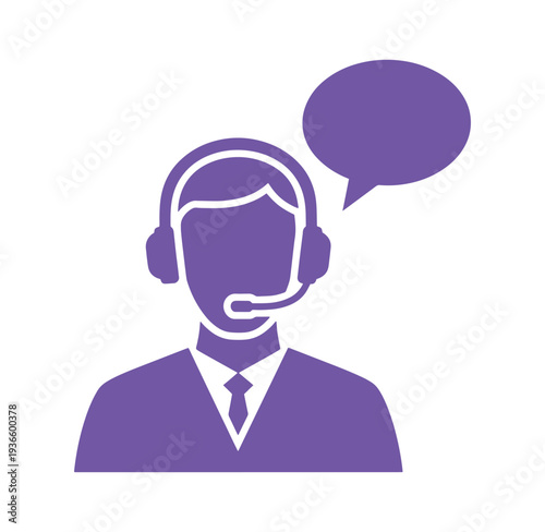 Purple customer service representative icon with headset and speech bubble