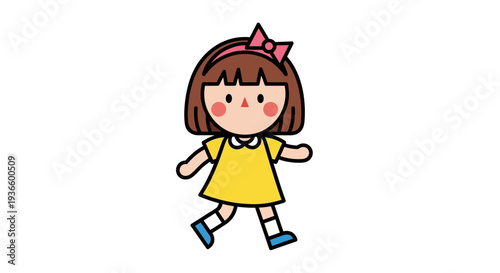 A young girl with a bright smile and pink bow walking happily in a clean environment