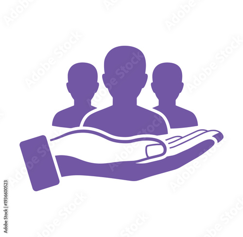 Purple hand protecting three people silhouettes