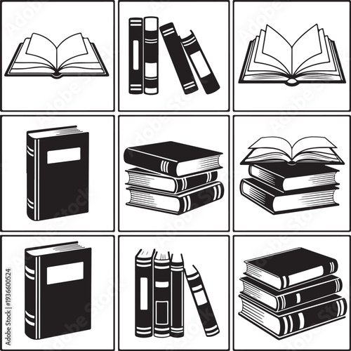 Silhouette Book icons set.