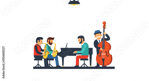 Jazz musicians performing together on stage with various instruments