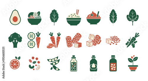 Healthy Plant Based Diet and Vegan Nutrition Flat Vector Icons Set