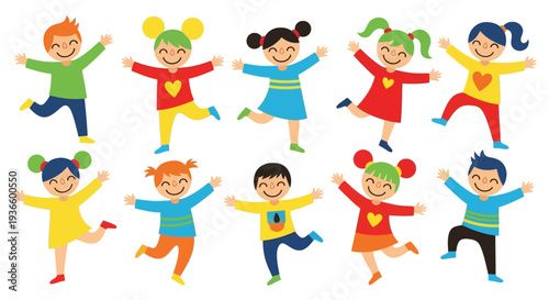 Group of diverse children jumping together in various colorful outfits, viewed from above in a lively scene