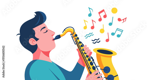 Man playing saxophone with music notes around him in a lively scene from a side viewpoint