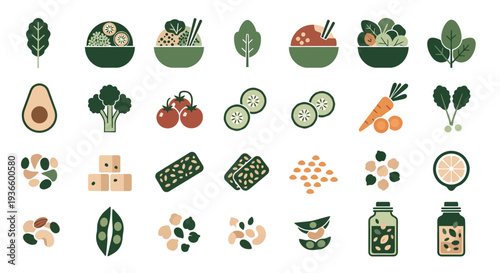 Healthy Plant Based Diet and Vegan Food Ingredients Vector Icon Set