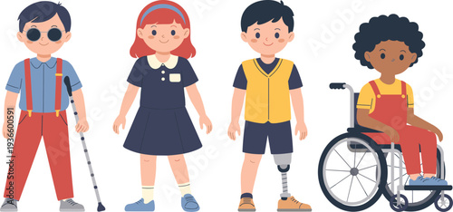 Diverse children community group vector illustration with inclusive kids and friends standing together for social unity