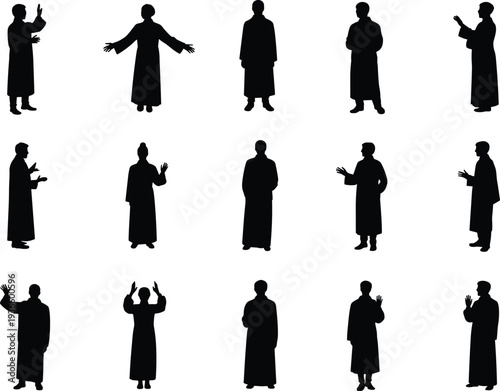 Priest and religious preacher silhouettes collection with clergy speaking, praying and sermon gestures isolated on white background