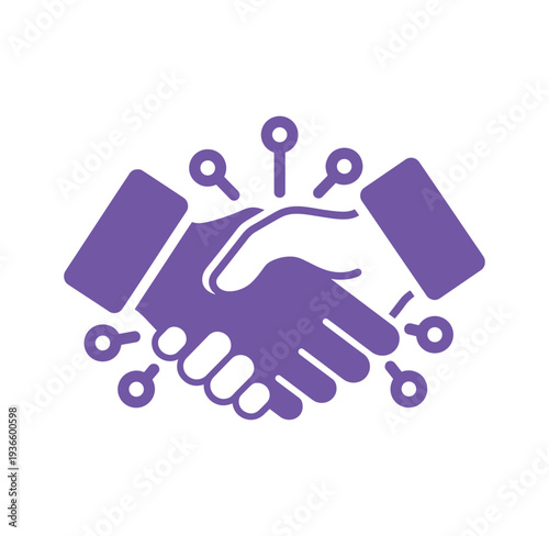 Purple handshake icon with key symbols around it representing partnership and access