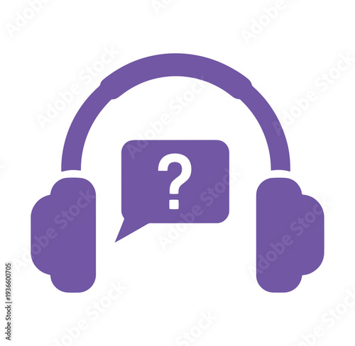 Purple headphones with question mark in speech bubble icon for support or inquiry