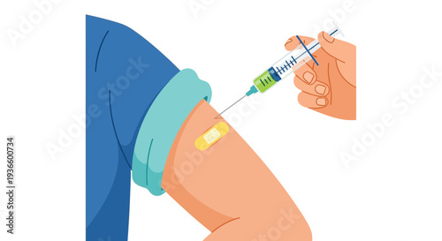Medical professional administering vaccination to patient's arm with syringe and bandage illustration