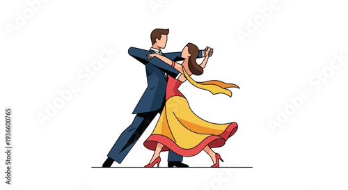 Couple dancing tango together in a studio, viewed from the side with dynamic movement and flowing dress