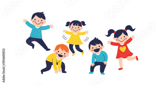 Group of children playing together, jumping and having fun in a joyful scene illustration