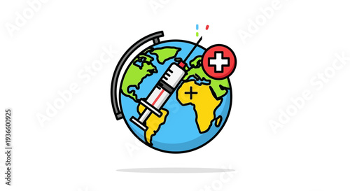 Syringe and Globe Illustration Showcasing Vaccination Efforts Worldwide from a Unique Perspective
