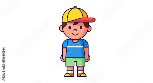 A smiling cartoon boy wearing a yellow cap, blue shirt, and green shorts standing alone in a simple setting