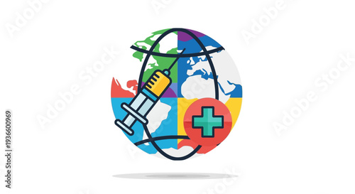 Global Health Initiative Illustration Featuring Globe and Medical Symbols