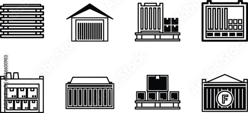Warehouse container storage icons set, logistics cargo shipping industry vector illustration collection